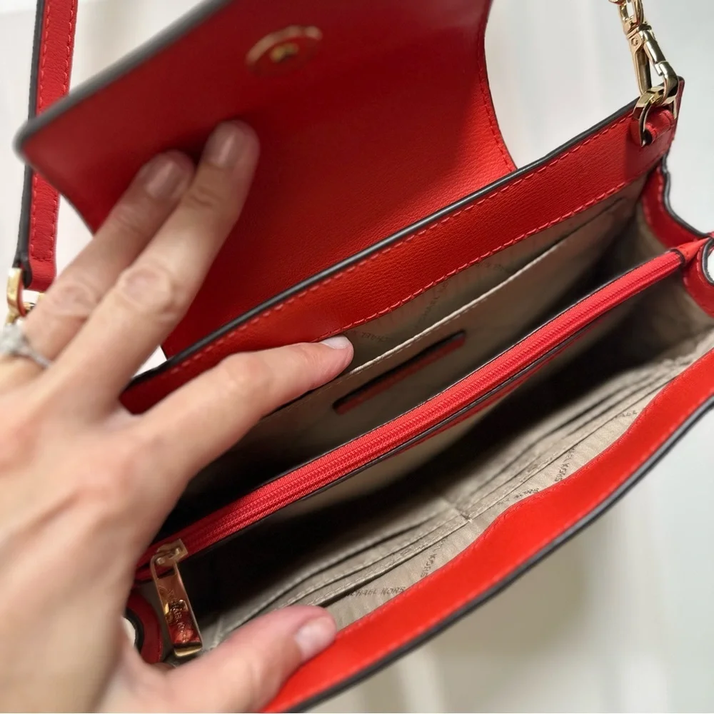 Michael Kors Structured Red Leather Chain Strap Crossbody Clutch